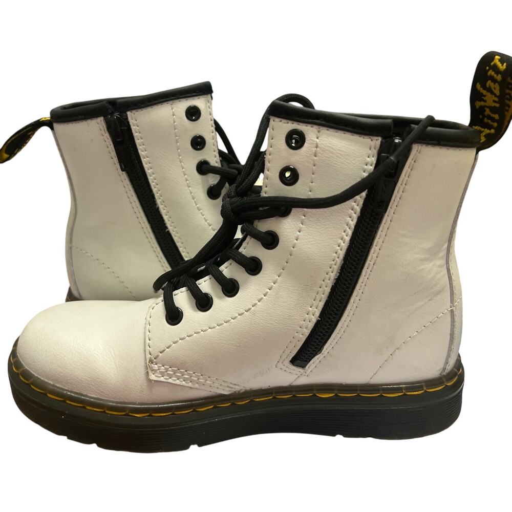 Dr. Martens Zavala White combat boots side zippers yellow stitching kids sz 12